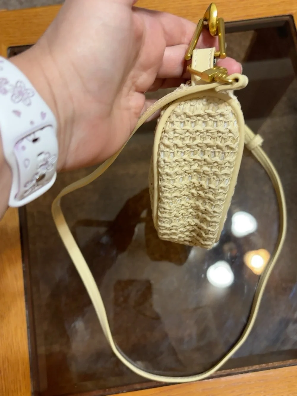 Cream Woven Raffia Mini Crossbody Clutch Bag Sculptural Gold Hardware